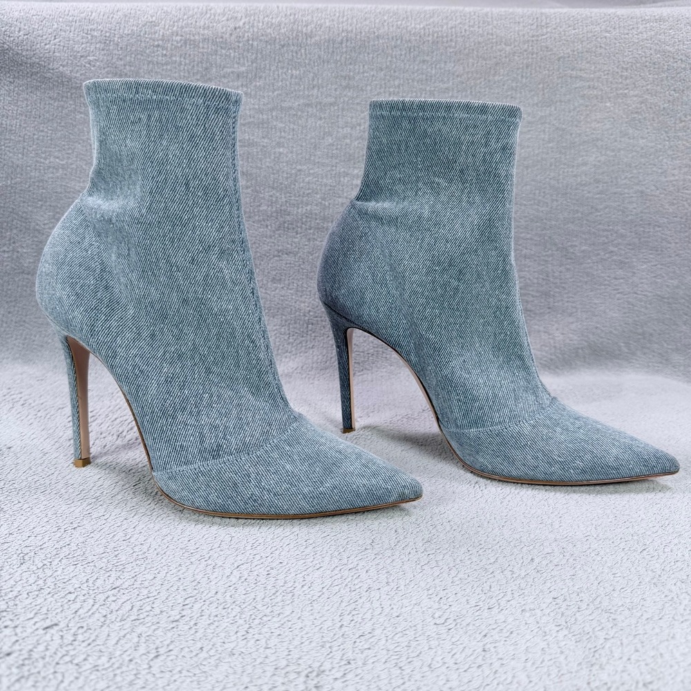 Gianvito Rossi Womens 39.5 Blue Denim Textile Stiletto Pointed Toe Sock Booties